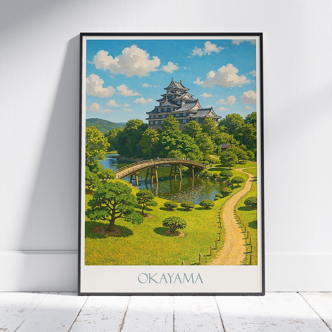 Okayama Castle and Wooden Bridge Green Garden Vintage Travel Poster