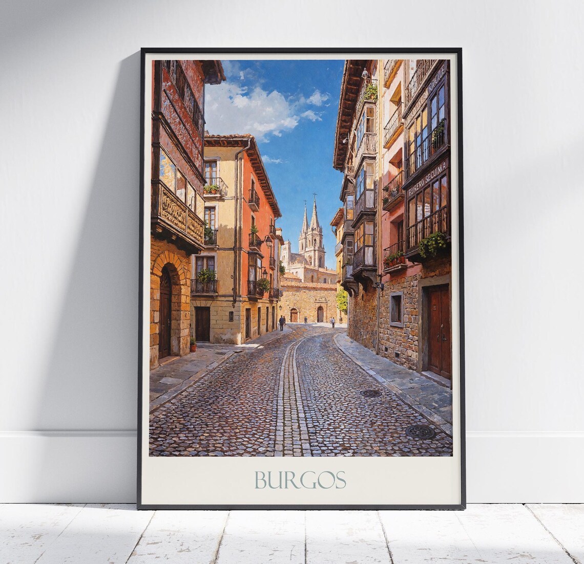Burgos Spain Cobblestone Street Cathedral Vintage Travel Poster