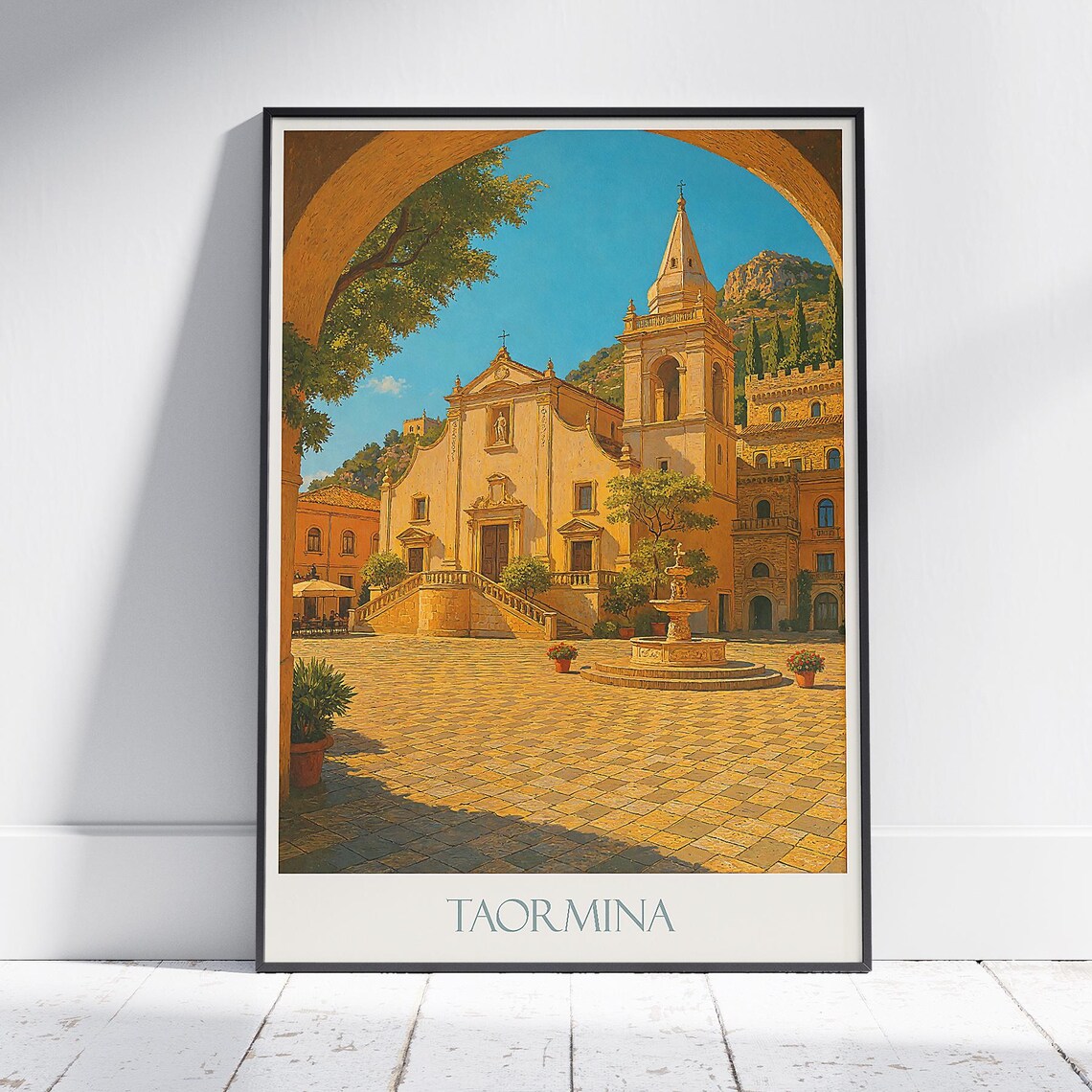 Taormina Sicily Sunlit Church Square with Fountain Travel Poster