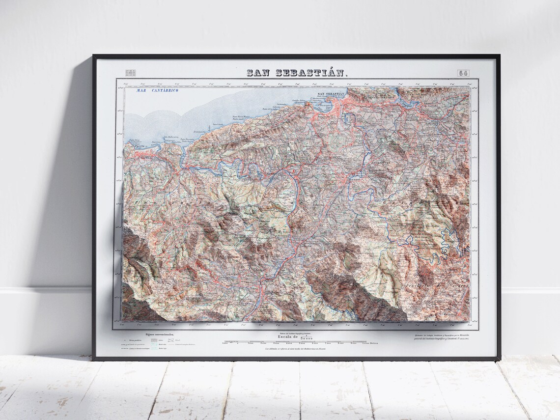 San Sebastian Basque Country Vintage Shaded Relief Map Art Poster