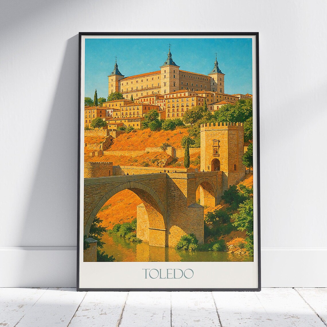 Toledo Spain Alcazar Hill Stone Bridge Vintage Cityscape Poster