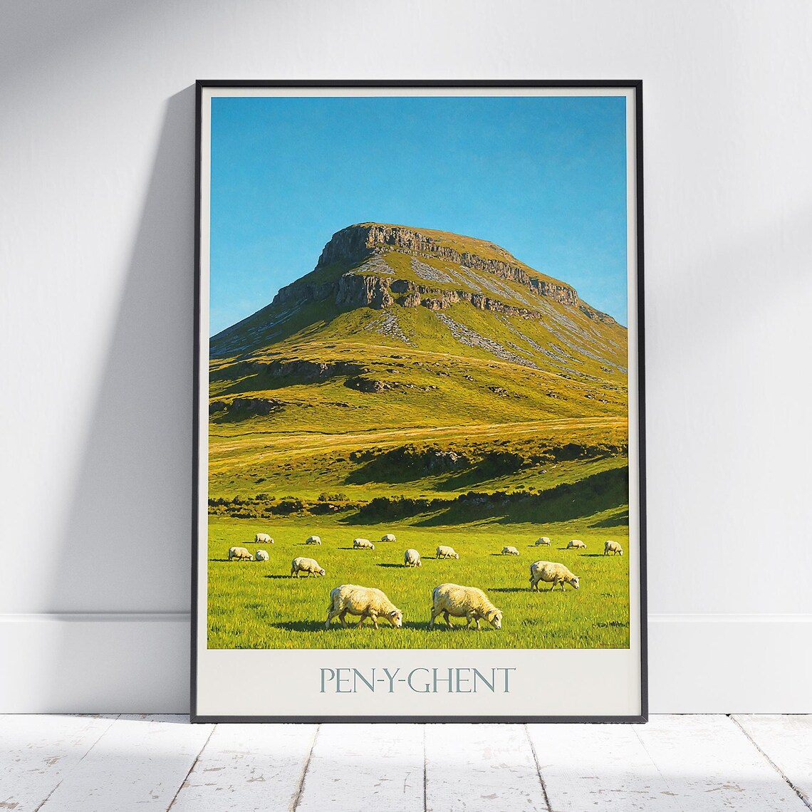 Pen-y-Ghent Sheep Grazing Hillside Yorkshire Dales Travel Poster
