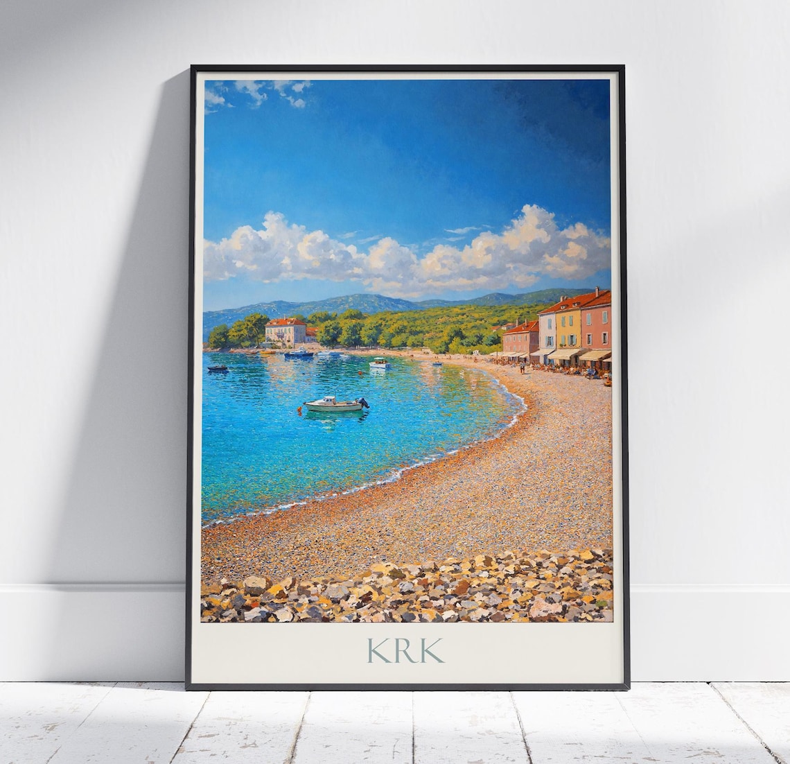 Krk Croatia Painted Pebble Beach Turquoise Bay And Boats Poster
