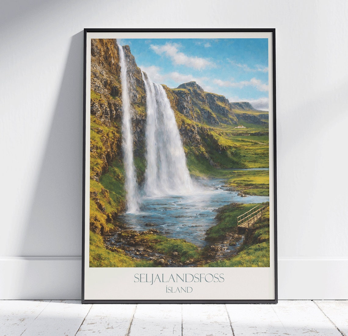 Seljalandsfoss Iceland Waterfall Green Cliffs Blue Sky Poster