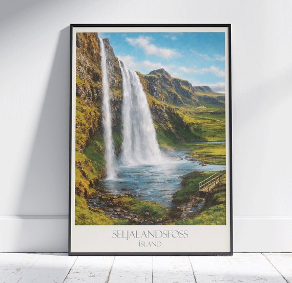 Iceland Travel Print Seljalandsfoss Waterfall Travel Poster Wall Art Home Decor Gift Personalized Framed