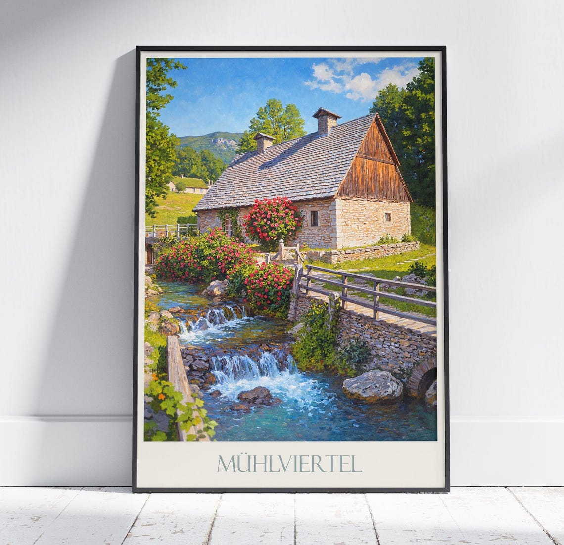Mühlviertel Austria Stone Cottage Water Mill Stream Travel Poster