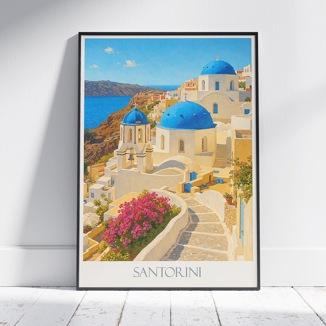 Santorini Greece Blue Domes Village Aegean Sea Travel Poster