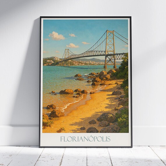 Florianpolis Travel Poster Herclio Luz Bridge Brazil Beach Art Print Vintage Style Home Decor