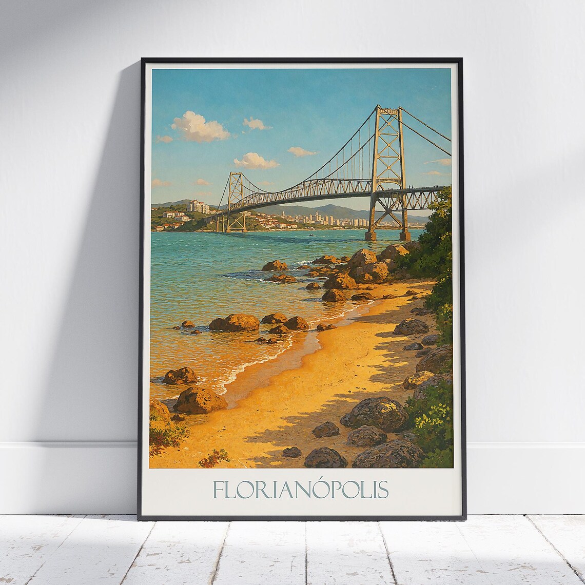 Florianopolis Hercilio Luz Bridge Brazil Coastal Beach Travel Poster