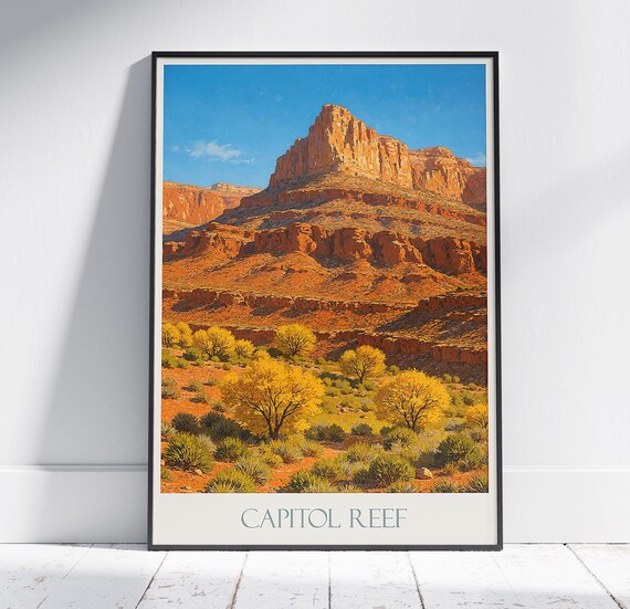 Capitol Reef Utah Red Rock Dome Golden Trees Desert Painting Poster