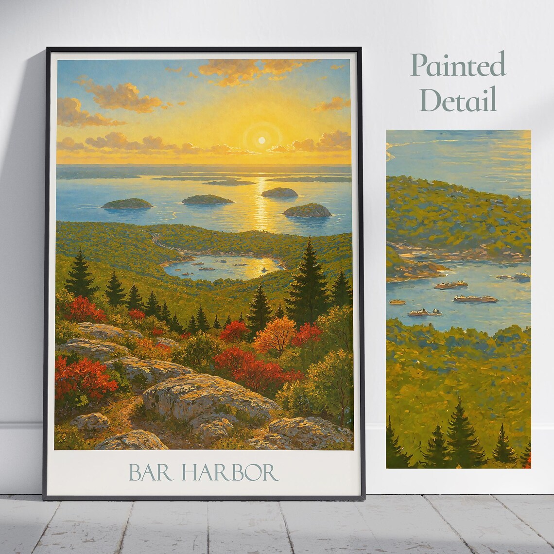 Bar Harbor Maine Sunset Bay Islands Autumn Coast Painted Poster