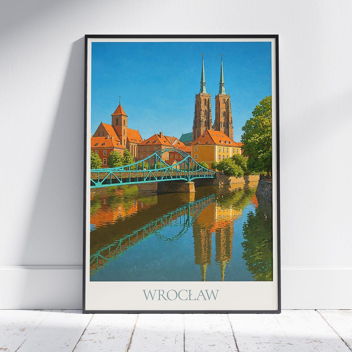 Wroclaw Poland Cathedral Island Poster Green Bridge River Reflection