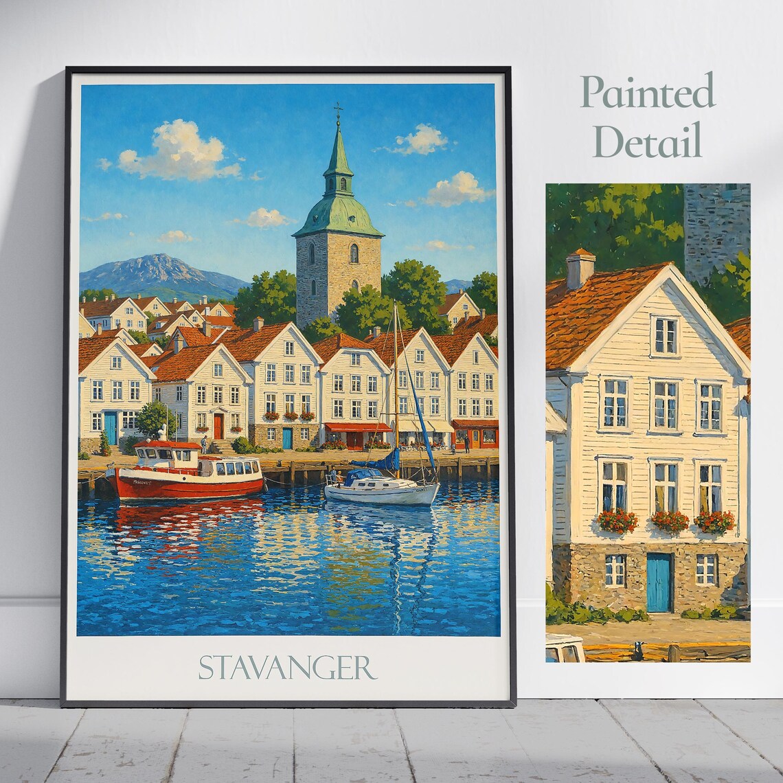 Stavanger Norway Painted Harbor And Old Church Travel Poster
