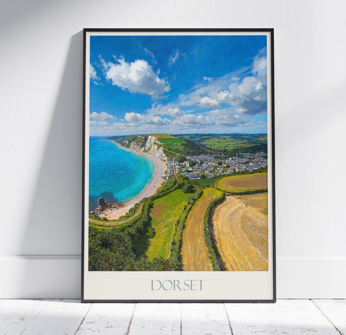 Dorset England White Cliffs Beach Aerial Painted Travel Poster