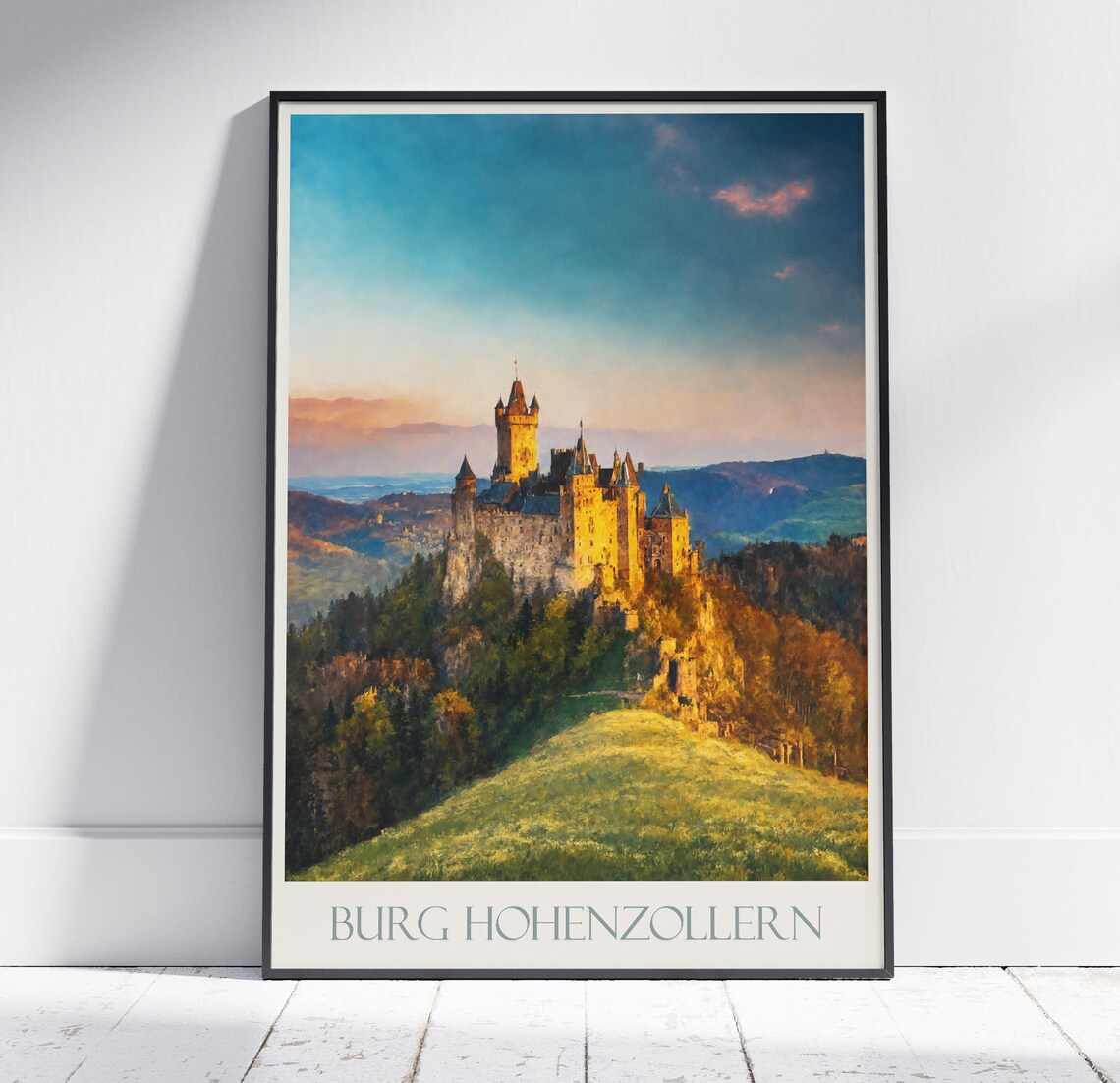 Burg Hohenzollern Germany Hilltop Castle Sunset Painted Travel Poster