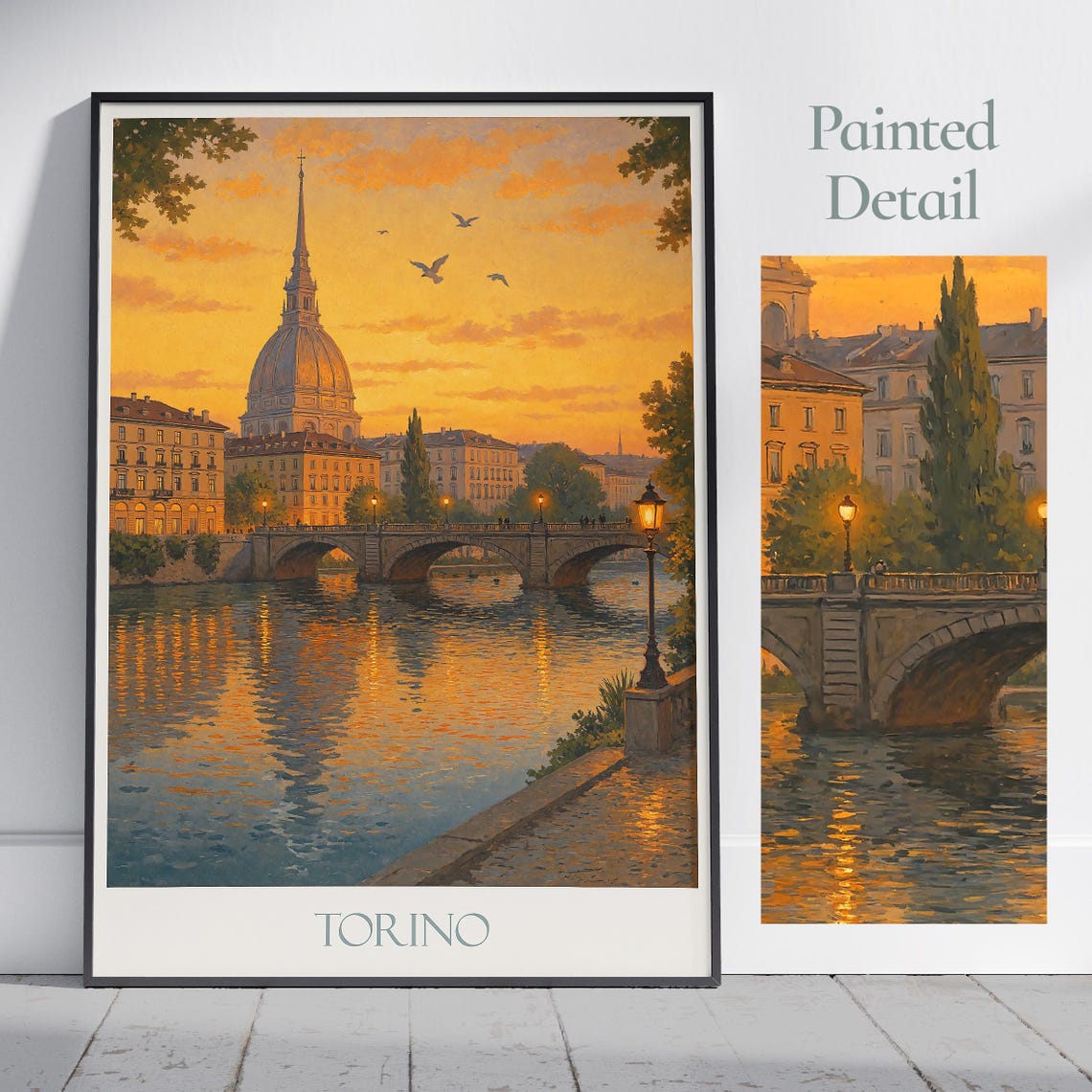 Torino Italy Golden Sunset Over River Po Bridge Painted Poster