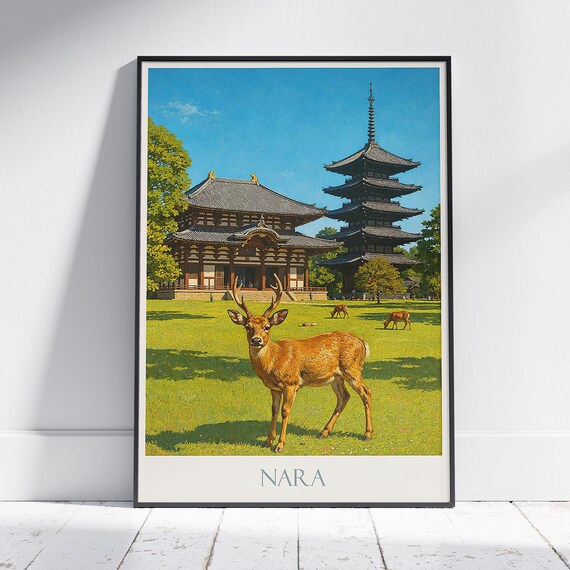 Nara Japan Travel Poster Iconic Todaiji Temple Shika Deer Art Print Vintage Japanese Wall Asia Souvenir Gift