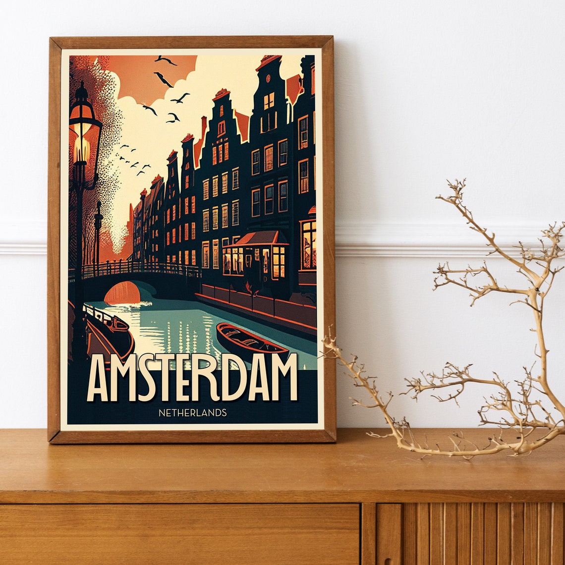 Amsterdam Netherlands Canals Evening Vintage City Travel Poster