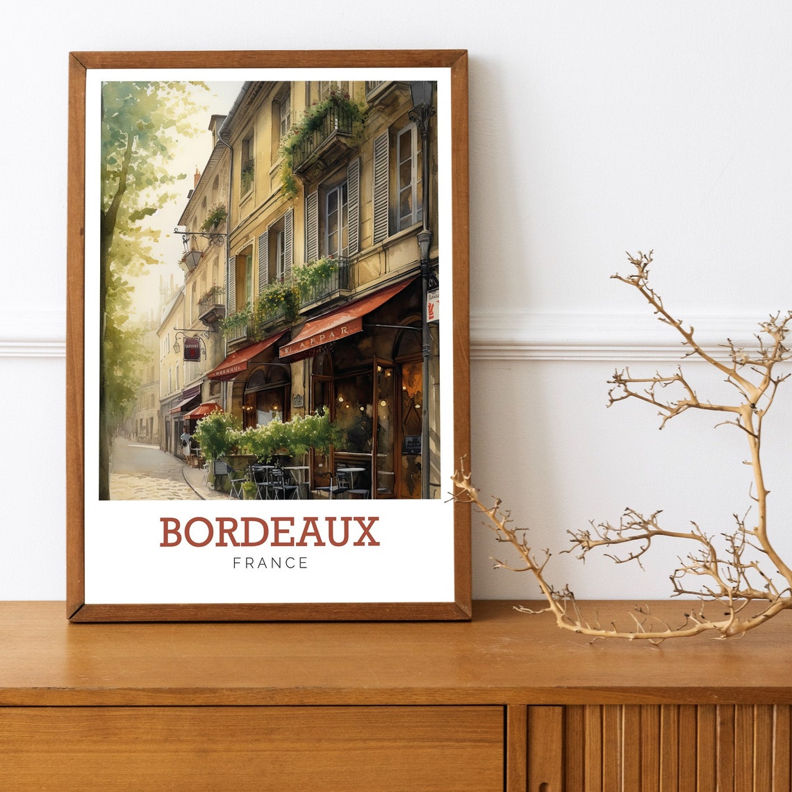 Bordeaux France Cobblestone Cafe Street Watercolor Travel Poster - Image 3