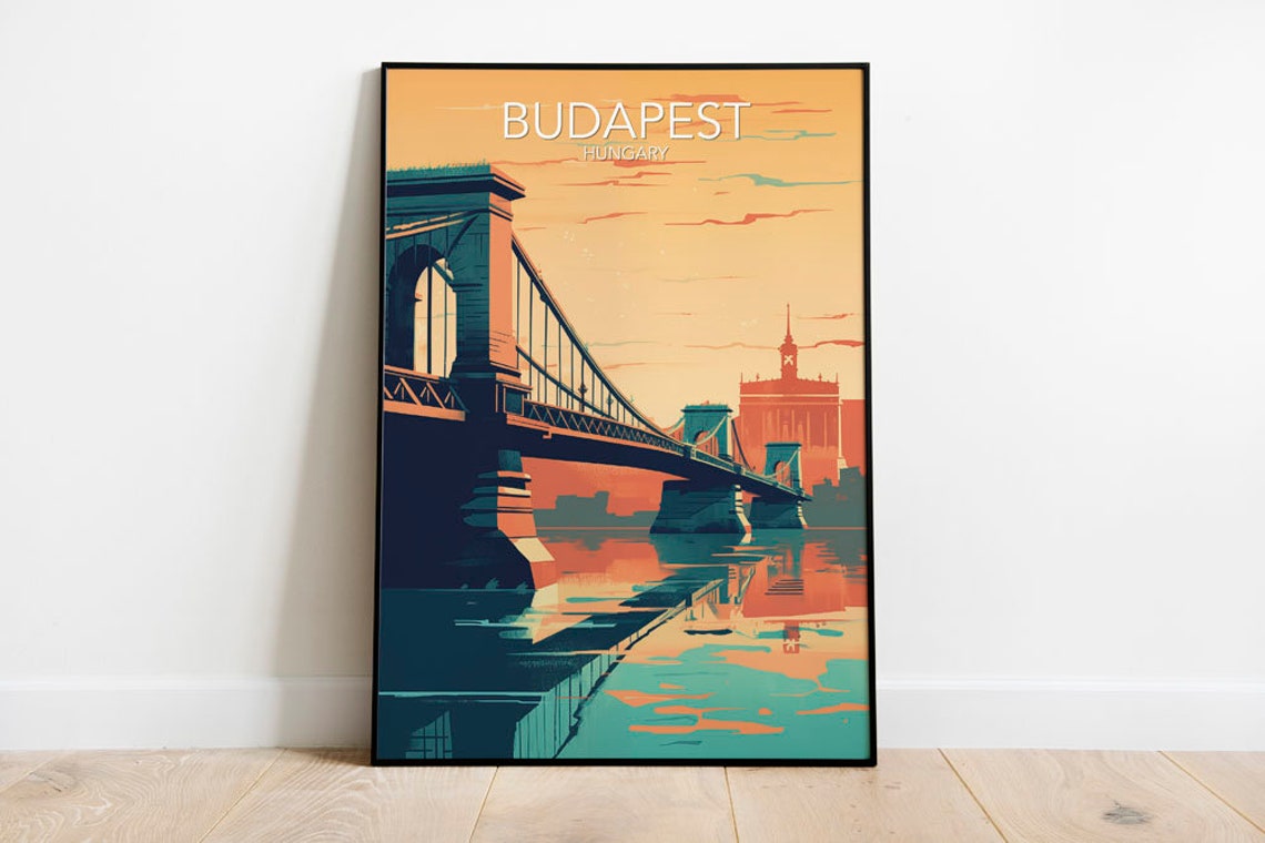 Budapest Chain Bridge Danube Sunset Hungary Vintage Travel Poster