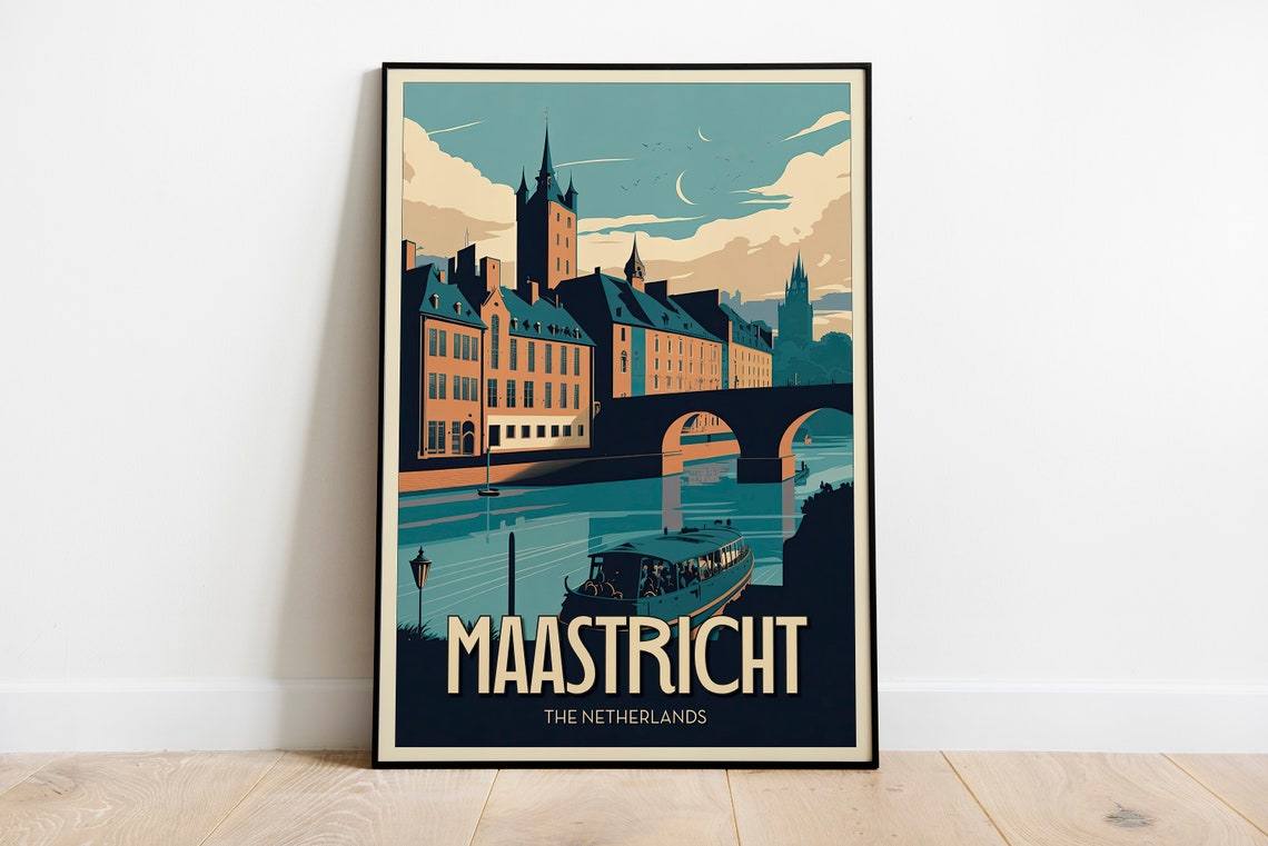 Maastricht Netherlands Riverside Church Towers Vintage Travel Poster - Image 2