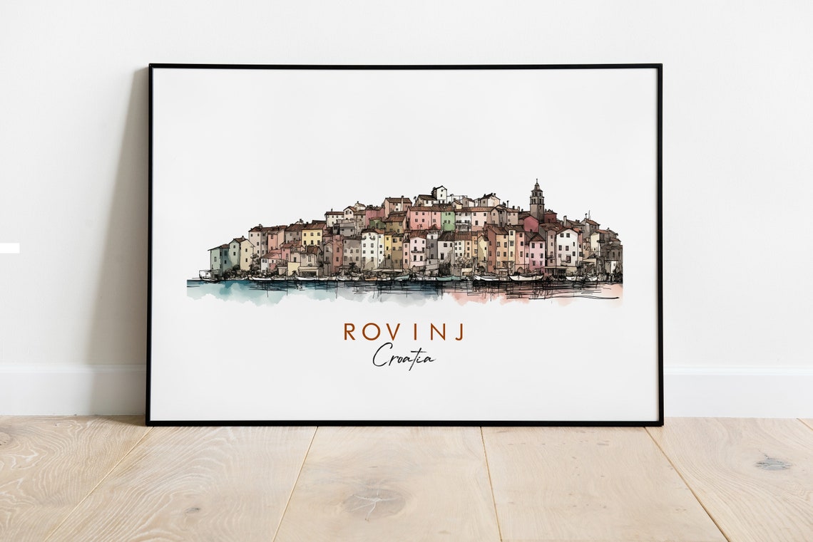 Rovinj Croatia Colorful Seaside Old Town Ink Watercolor Poster