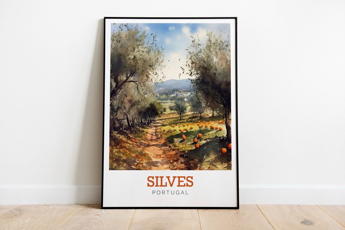 Silves Portugal Orange Grove Countryside Watercolor Travel Poster