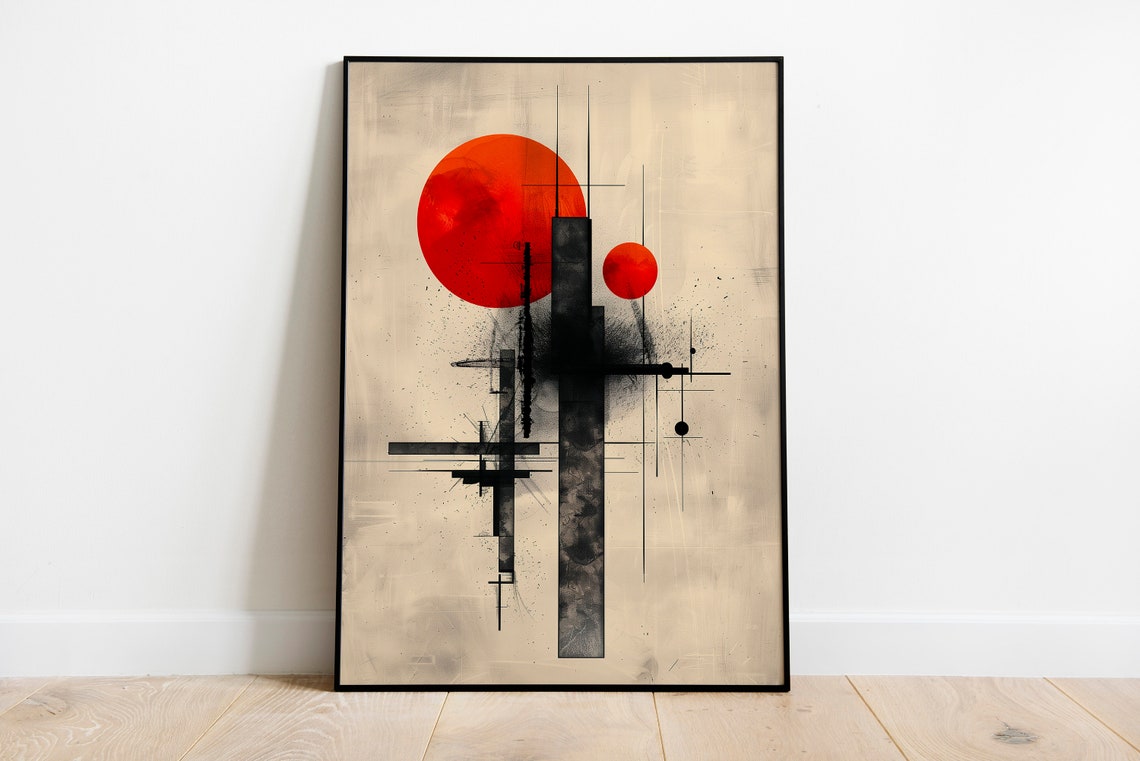 Bold Red Sun Black Geometric Line Minimalist Boho Abstract Art Print - Image 2