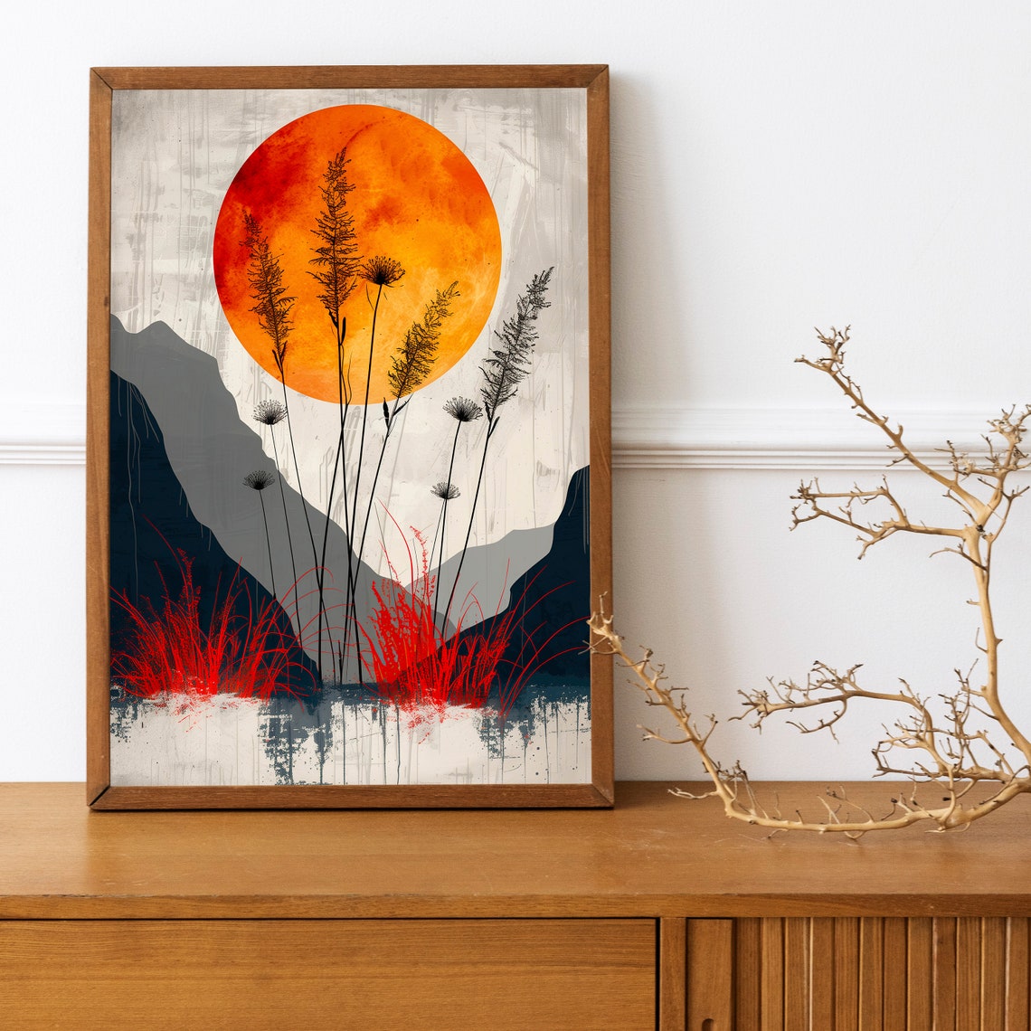 Orange Sunset Black Mountains Red Grass Japanese Style Art Print - Image 3