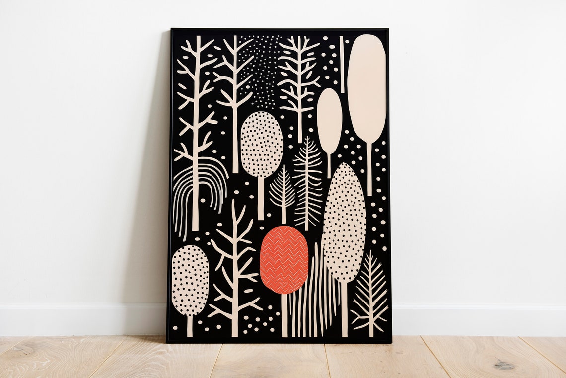 Black White Forest Trees Coral Accent Minimalist Boho Art Print - Image 2