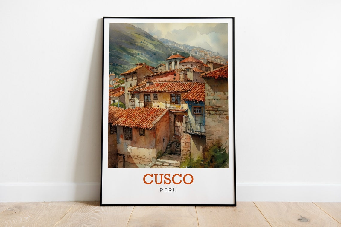 Cusco Peru Terracotta Rooftop Houses Watercolor Travel Poster