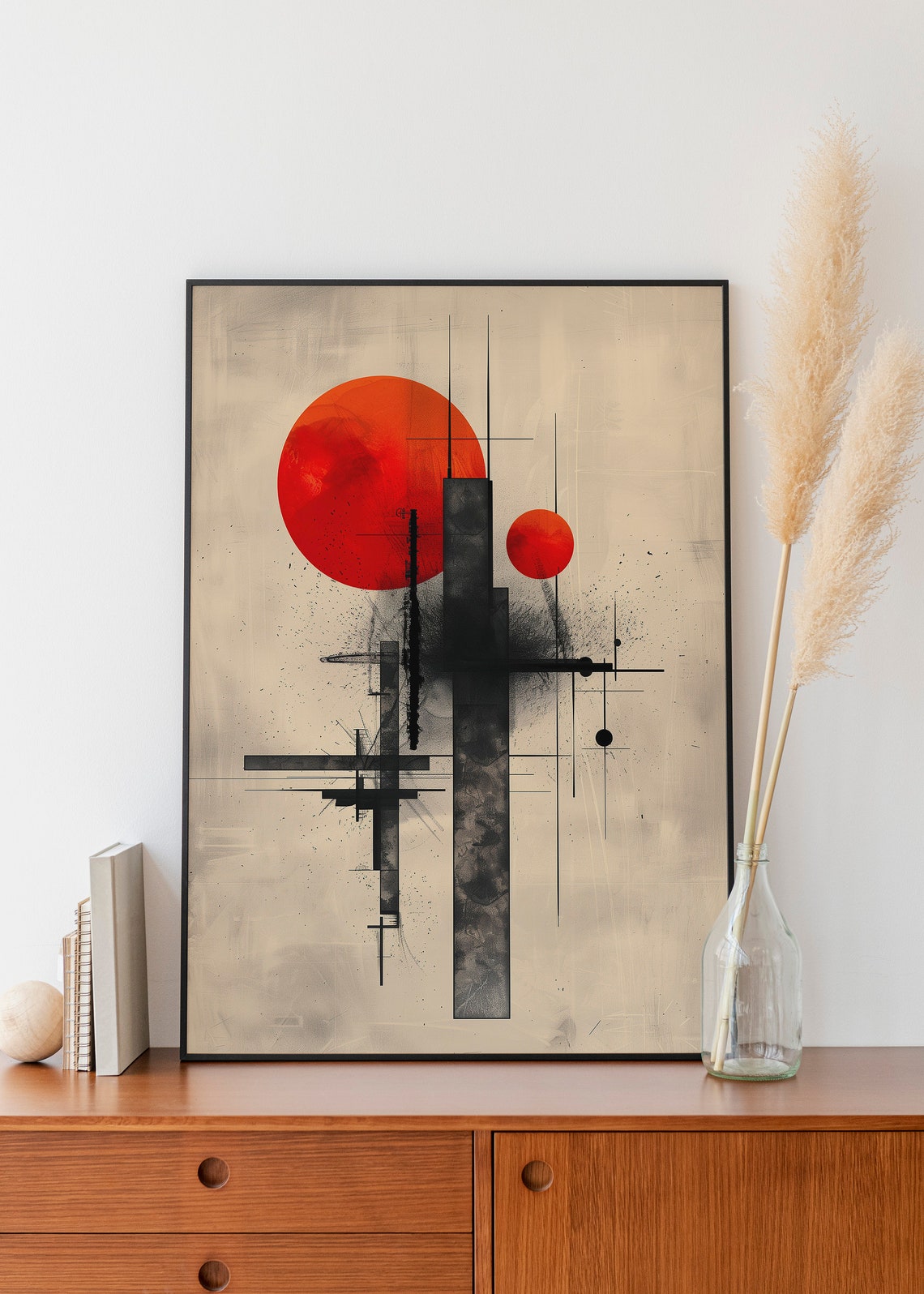 Bold Red Sun Black Geometric Line Minimalist Boho Abstract Art Print