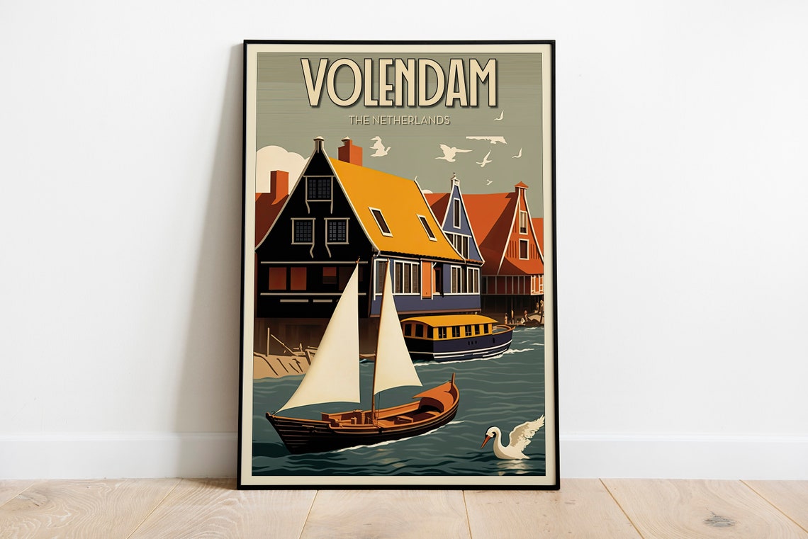 Volendam Netherlands Vintage Fishing Village Harbor Scene Poster
