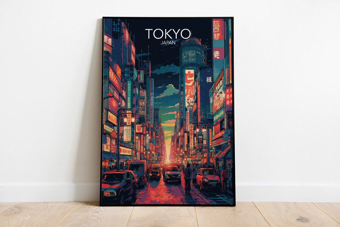 Tokyo Neon Street Night Signs Crowd Japan Vintage Travel Poster