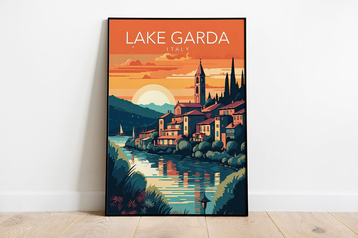 Lake Garda Italy Lakeside Village Sunset Modern Travel Poster - Image 2