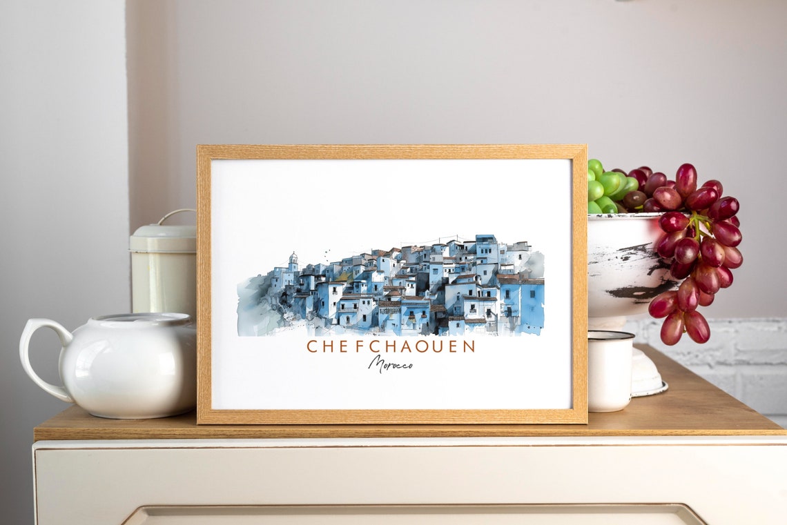 Chefchaouen Morocco Blue City Medina Watercolor Ink Art Poster - Image 3