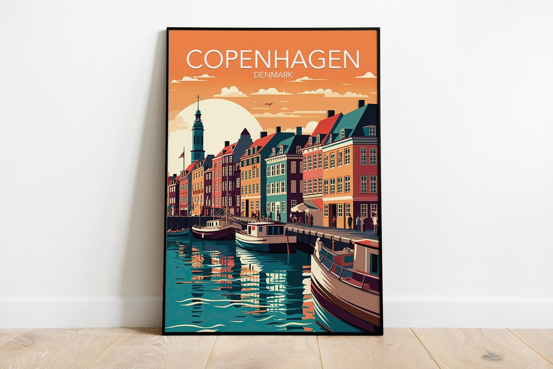 Copenhagen Nyhavn Harbor Colorful Houses Denmark Sunset Travel Poster