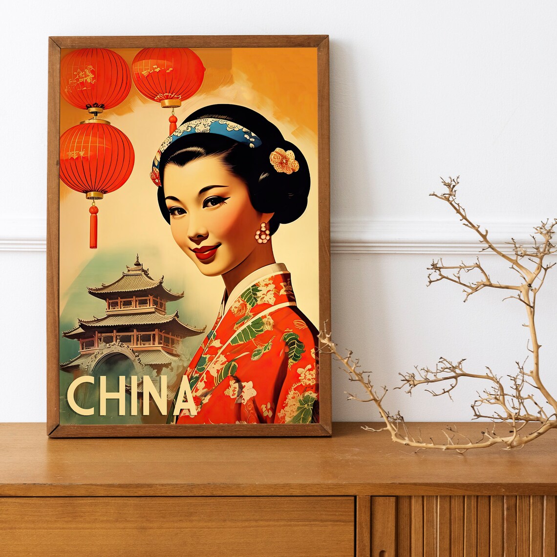 China Vintage Portrait Woman Red Lanterns Oriental Travel Poster