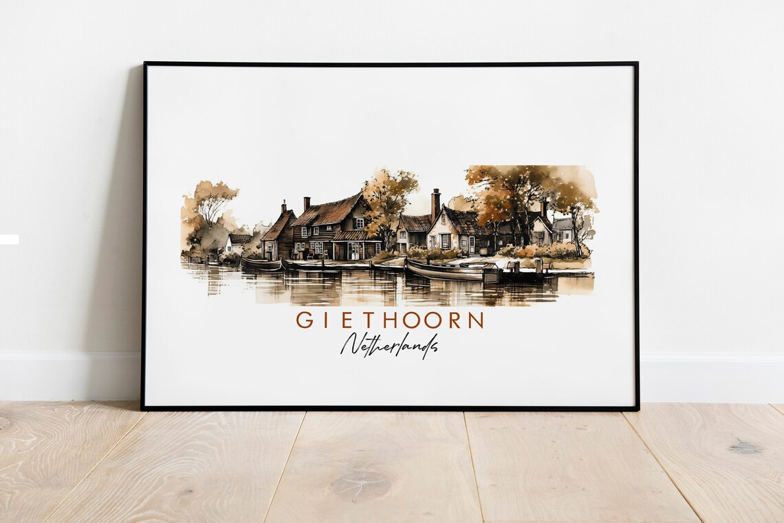 Giethoorn Netherlands Canal Village Autumn Ink Sketch Art Poster