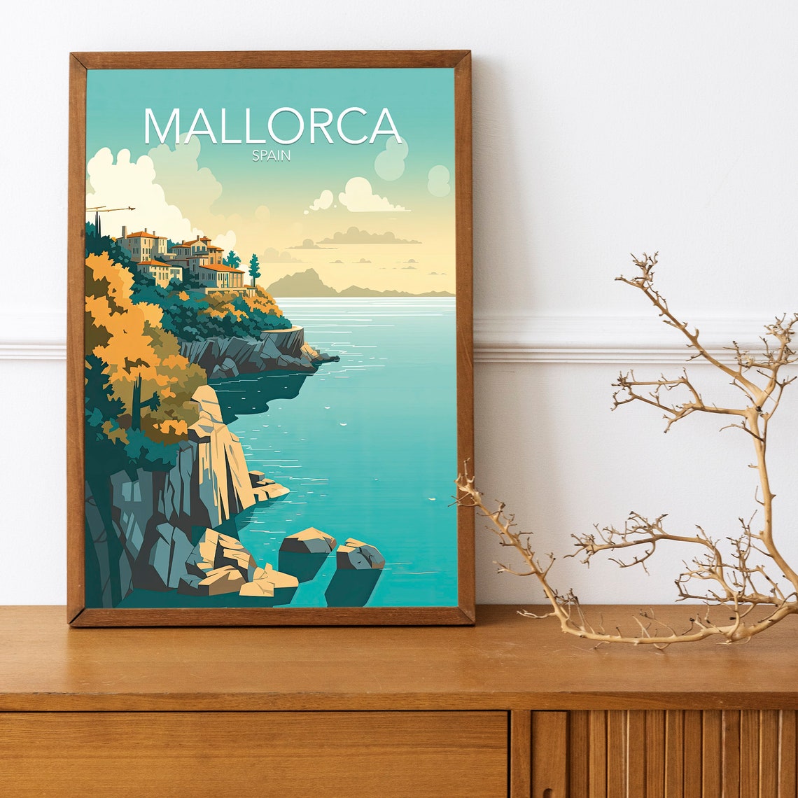 Mallorca Spain Coastal Cliffs Seaside Villas Sunset Travel Poster