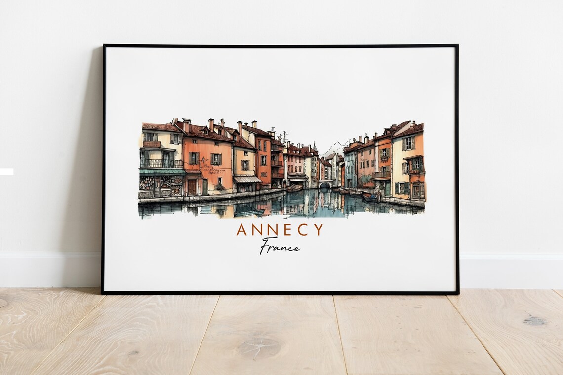 Annecy France Canal Side Pastel Houses Watercolor Art Poster