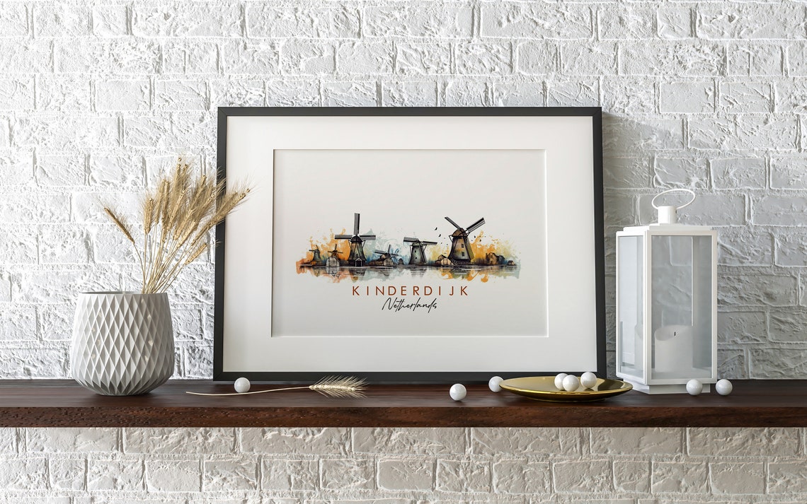 Kinderdijk Netherlands Windmills Reflection Ink Art Travel Poster - Image 2