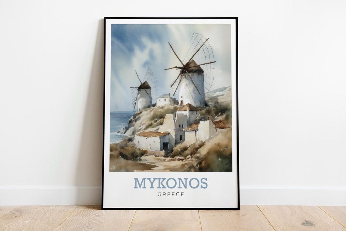 Mykonos Greece Windmills Coastal Watercolor Greek Island Travel Poster