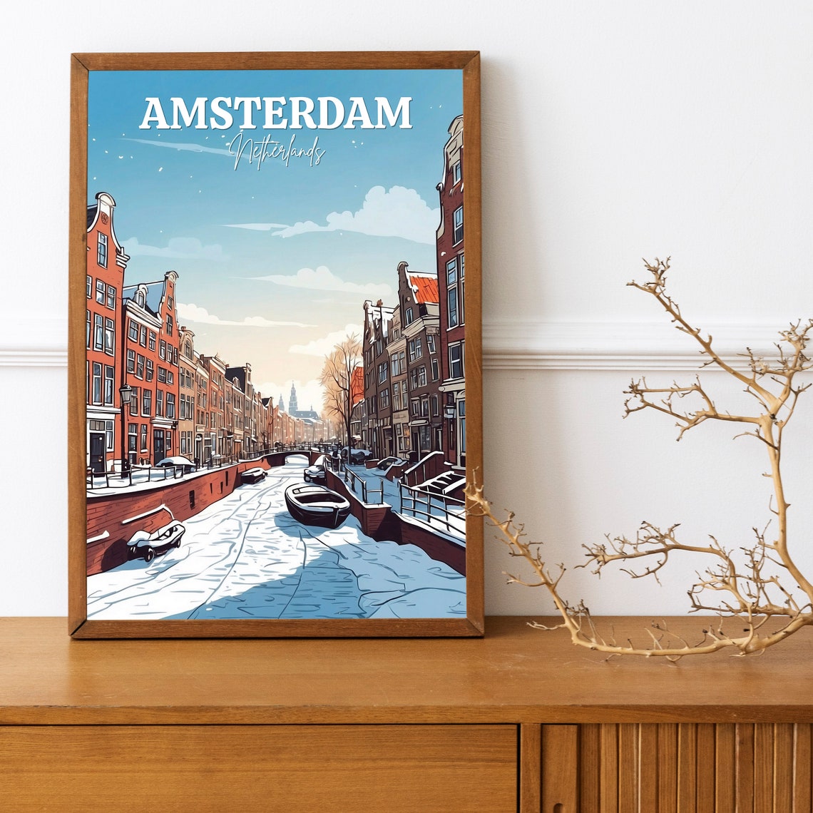 Amsterdam Netherlands Frozen Canal Winter Gabled Houses Poster - Image 3