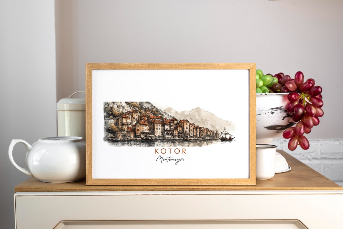 Kotor Montenegro Bay Old Town Mountains Watercolor Art Poster - Image 3