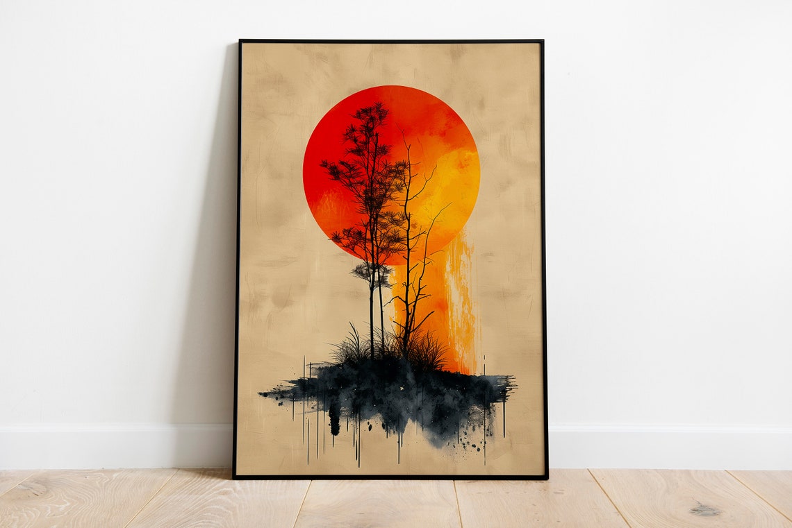 Red Sun Black Tree Silhouette Minimalist Japanese Boho Art Print - Image 2