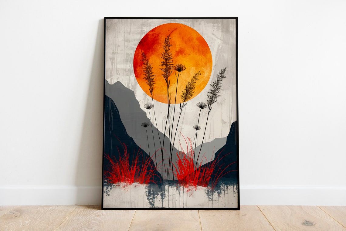 Orange Sunset Black Mountains Red Grass Japanese Style Art Print - Image 2