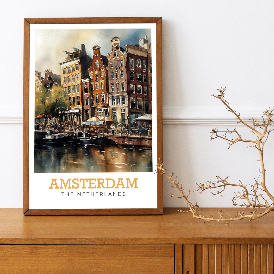 Amsterdam Netherlands Canal Houses Boats Watercolor Travel Poster - Image 2