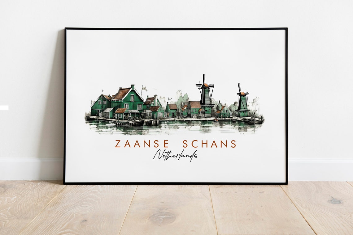 Zaanse Schans Netherlands Windmills Watercolor Village Poster
