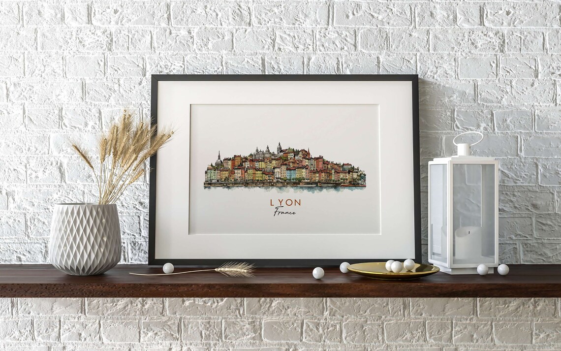 Lyon France Riverside Colorful Houses Watercolor Ink Art Poster - Image 2